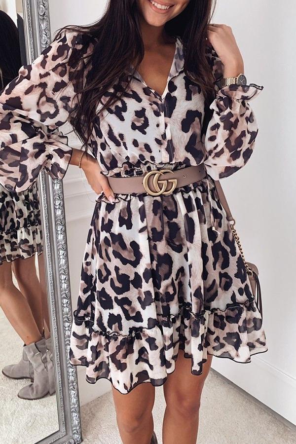 Leopard Printed V-neck Ruffled Dress