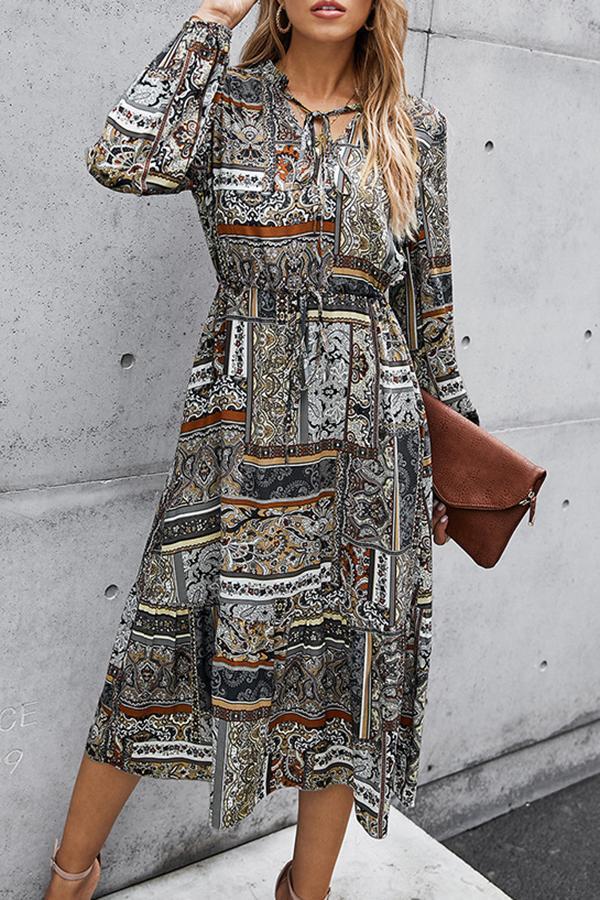 Ruffle Sleeve Tribal Print V Neck Dress