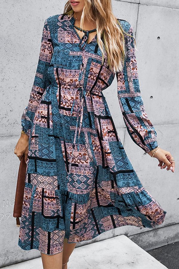 Ruffle Sleeve Tribal Print V Neck Dress