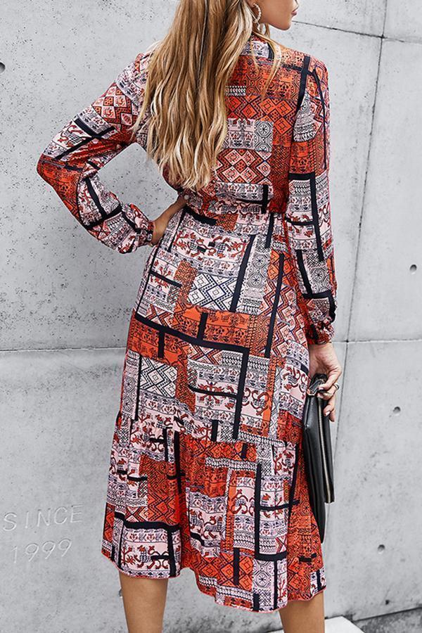 Ruffle Sleeve Tribal Print V Neck Dress