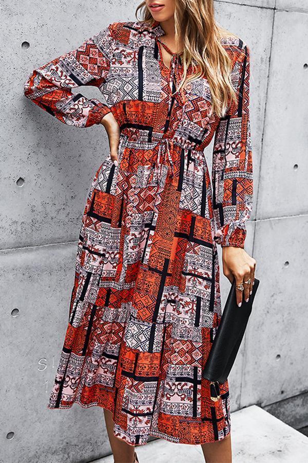 Ruffle Sleeve Tribal Print V Neck Dress