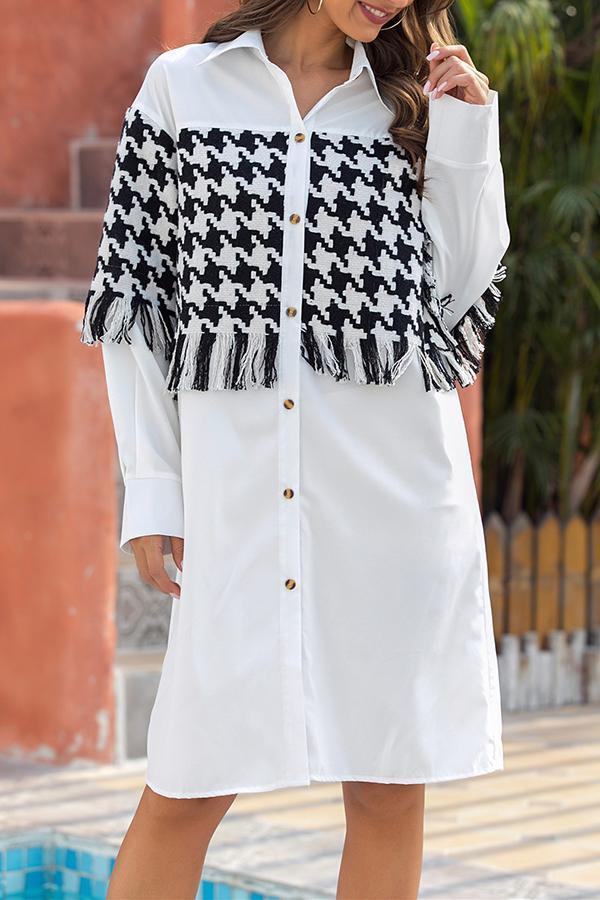 Stylish Patchwork Tassels Long Sleeve Shirt Collar Midi Dress