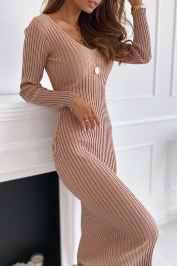 Ribbed Deep V Neck Kintted Midi Dress