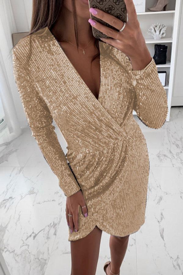 Party Sequined Solid Color Deep V Neck Mini Dress