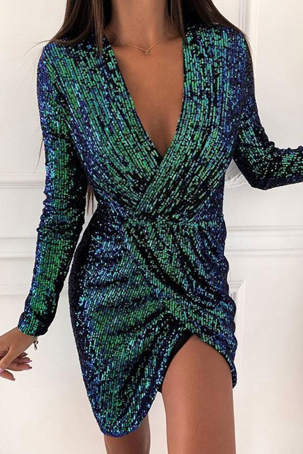 Party Sequined Solid Color Deep V Neck Mini Dress