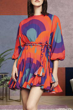 Elegant Floral Print Lantern Sleeves Dress