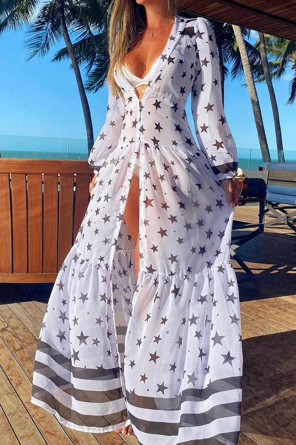 Elegant Stars Print Fork Opening Dress