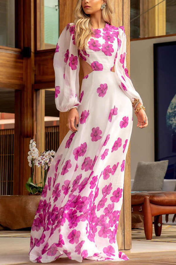 Elegant Flower Print Show Waist Evening Dress