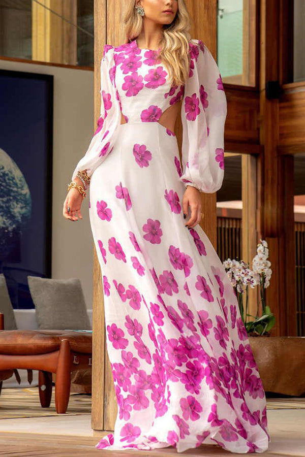 Elegant Flower Print Show Waist Evening Dress