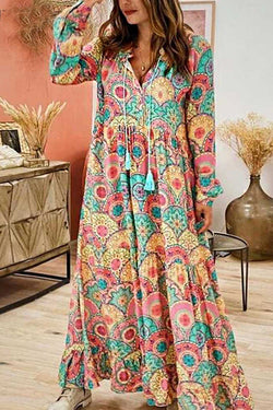 Fringed Loose Print Long Sleeve Dress