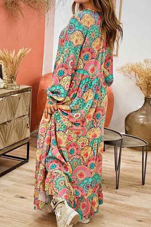 Fringed Loose Print Long Sleeve Dress