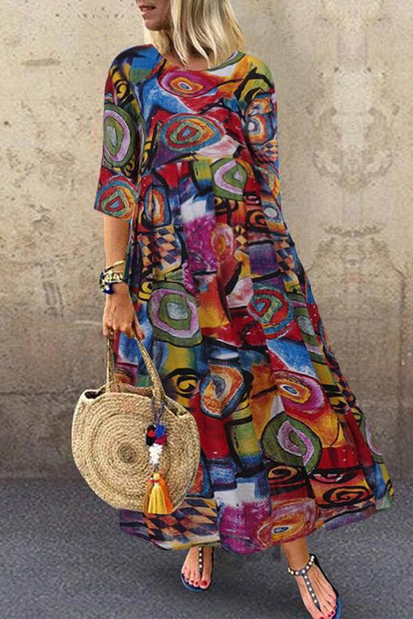 Casual Printed Cotton And Linen Dress