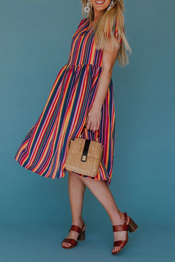 Rainbow Stripe Printed V-Neck Dress