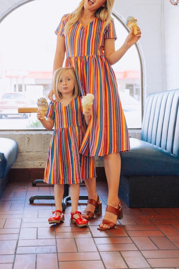 Rainbow Stripe Printed V-Neck Dress