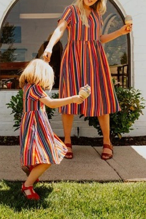 Rainbow Stripe Printed V-Neck Dress