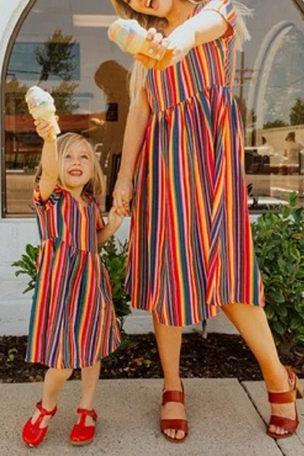 Rainbow Stripe Printed V-Neck Dress