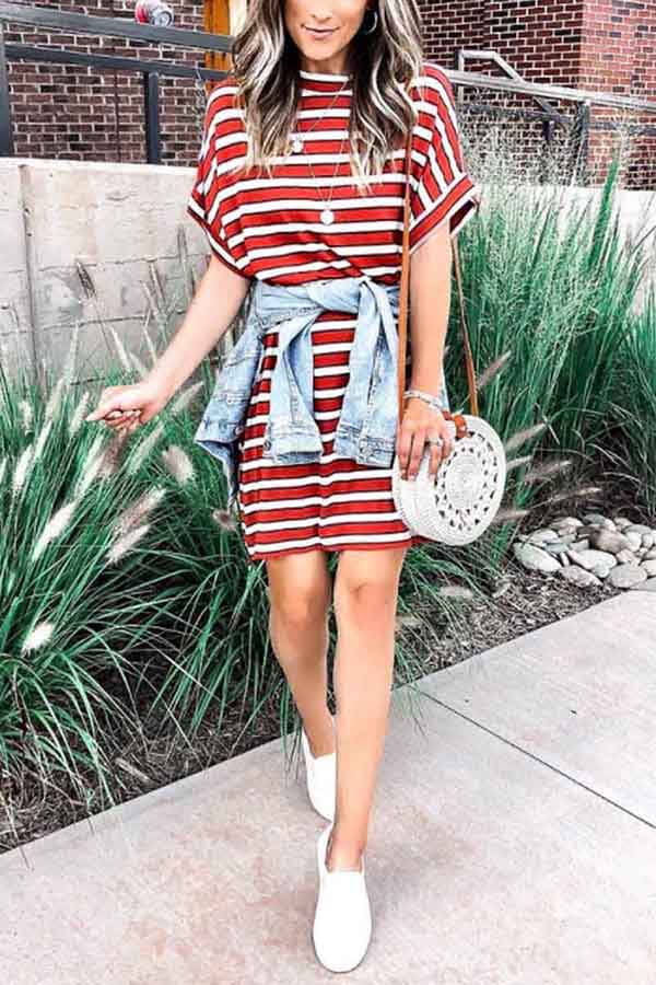 Round Neck Striped Print Bat Sleeve Dress