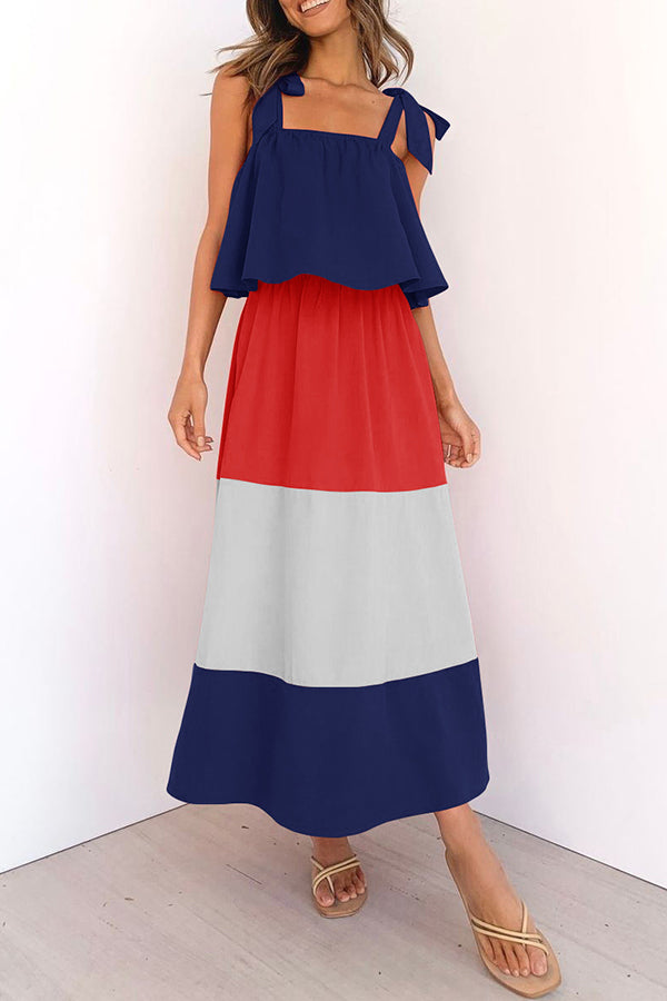 Elegant Colorful Contrast Flounce Sleeves Dress