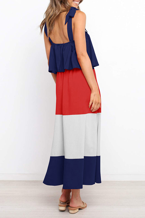 Elegant Colorful Contrast Flounce Sleeves Dress