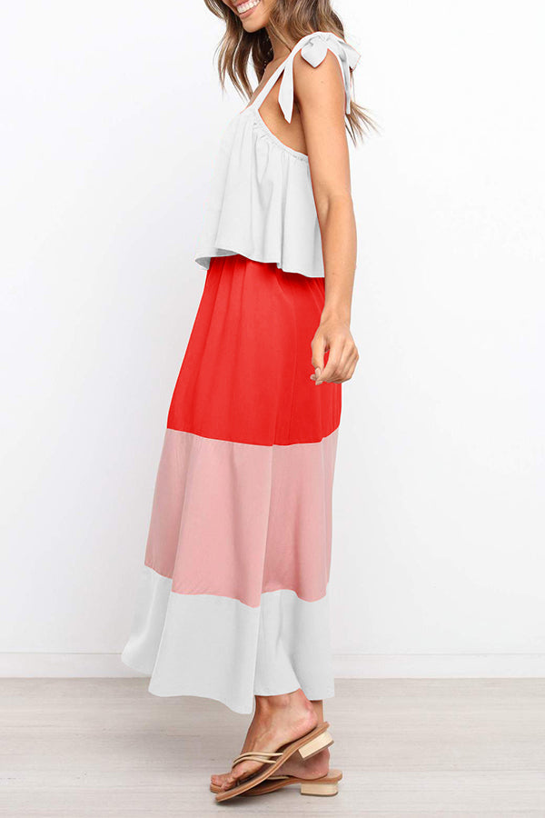 Elegant Colorful Contrast Flounce Sleeves Dress