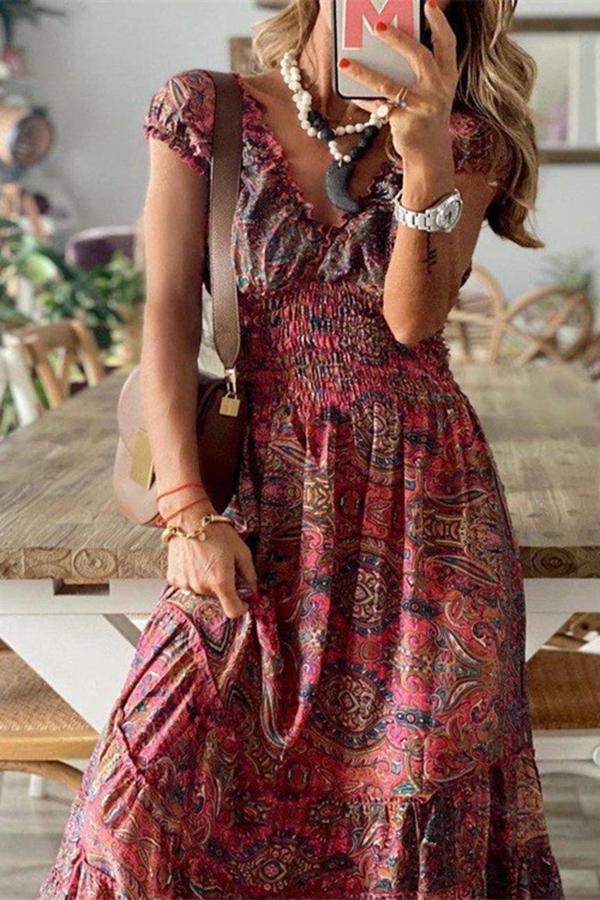 Burgundy Bohemian Print Dress