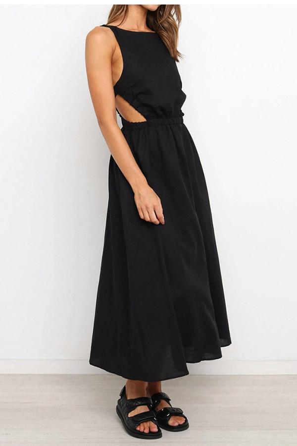 Solid Color Backless Cutout Calf-length Dress