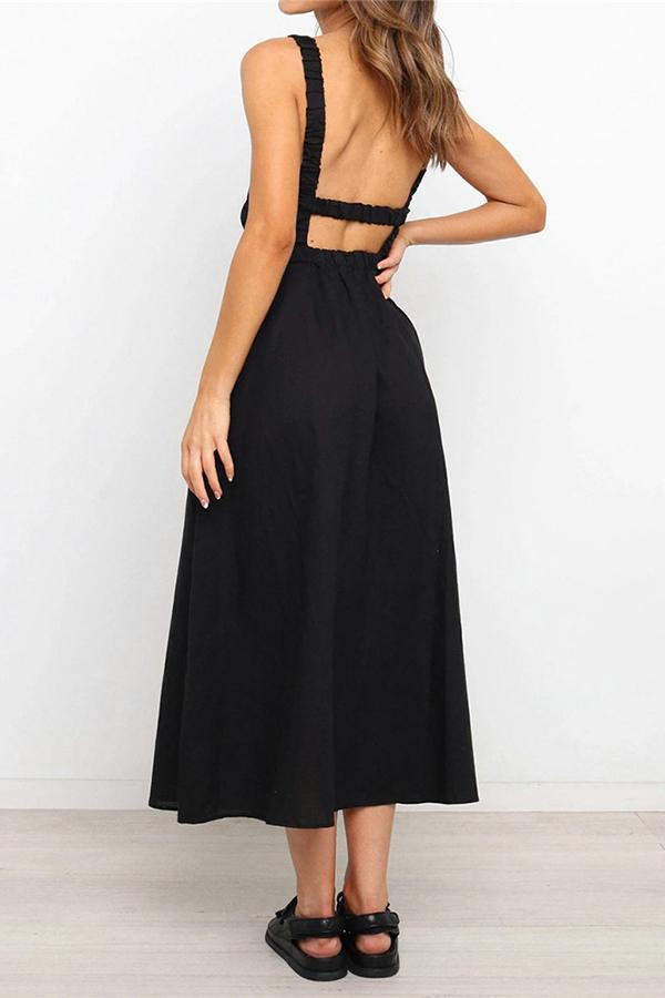 Solid Color Backless Cutout Calf-length Dress