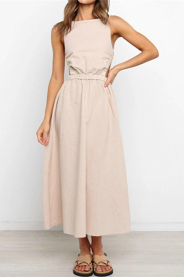 Solid Color Backless Cutout Calf-length Dress