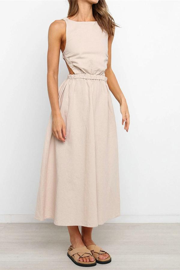 Solid Color Backless Cutout Calf-length Dress