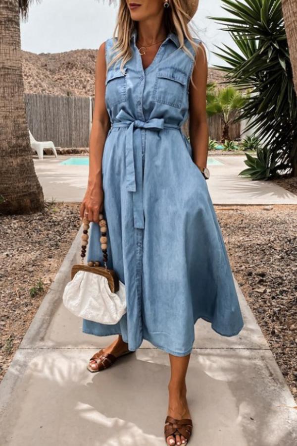 Blue Sleeveless Tie Waist Denim Dress