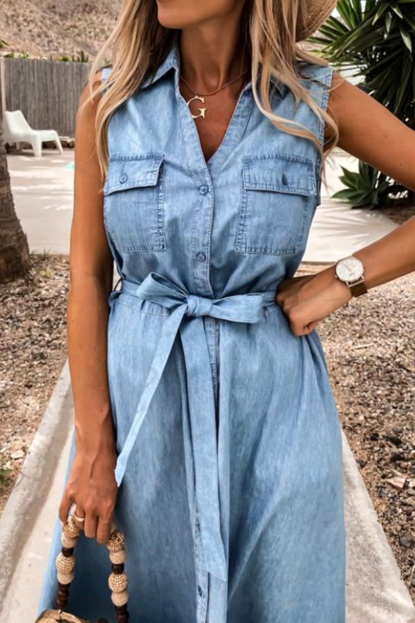 Blue Sleeveless Tie Waist Denim Dress