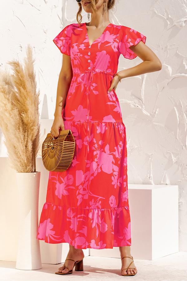 V-neck Floral Print Maxi Dress