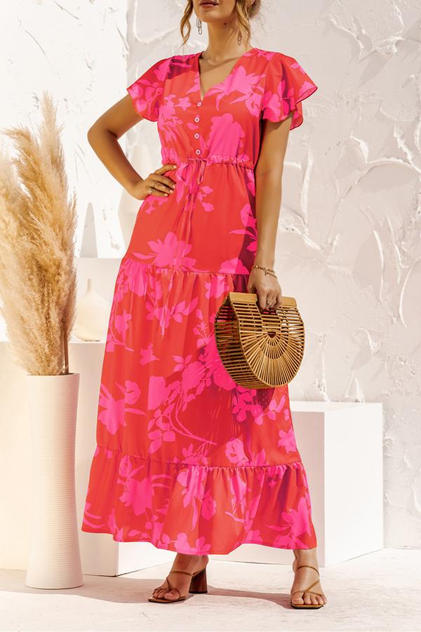 V-neck Floral Print Maxi Dress