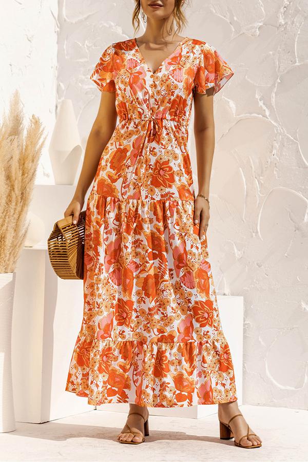 V-neck Floral Print Maxi Dress