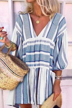 Striped Print V-neck Three-quarter Sleeve Dress