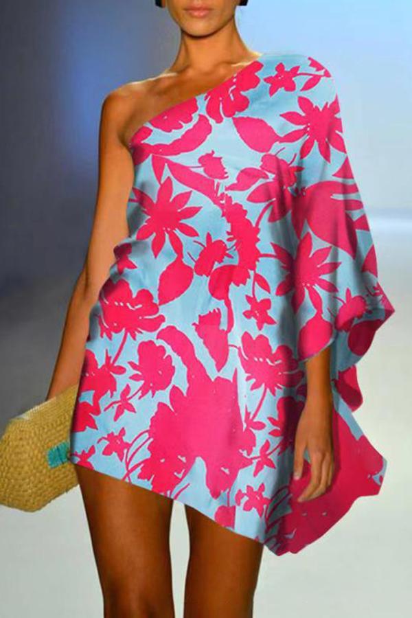 One-shoulder Open Back Leaf Print Mini Dress