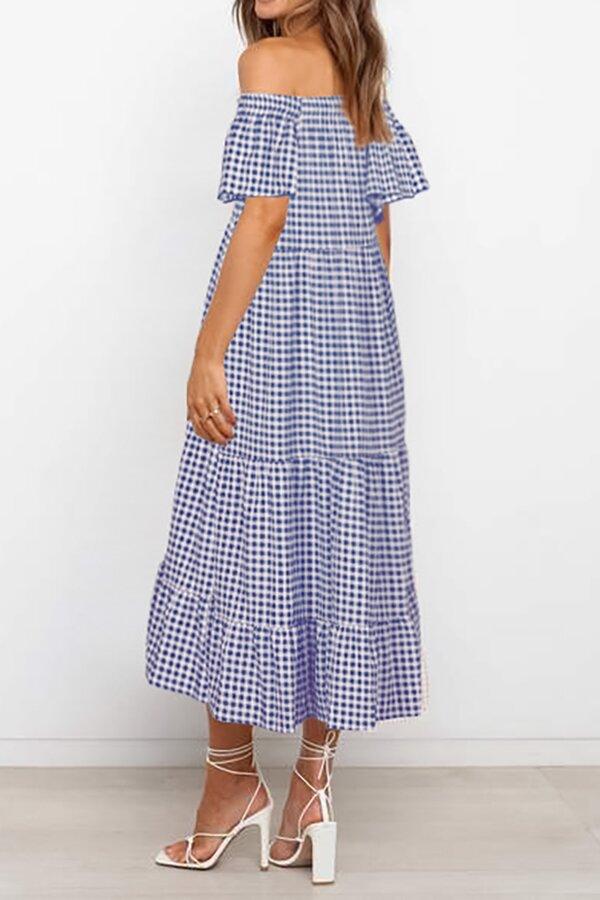 Off The Shoulder Ruffle Sleeve Plaid Dress