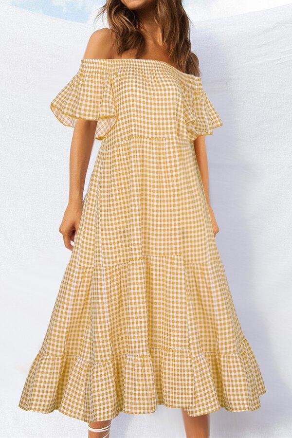 Off The Shoulder Ruffle Sleeve Plaid Dress