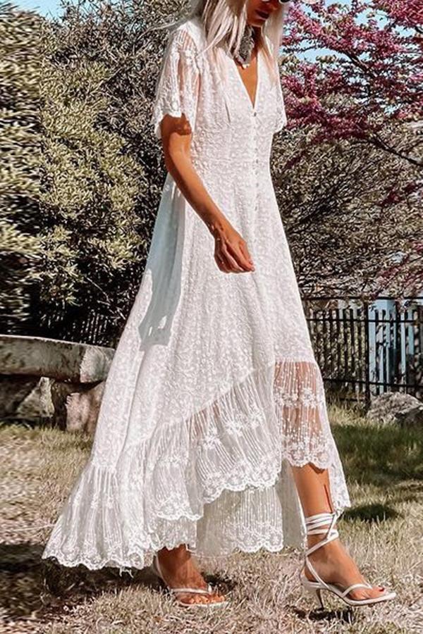 V-neck Lace See-through Irregular Dress