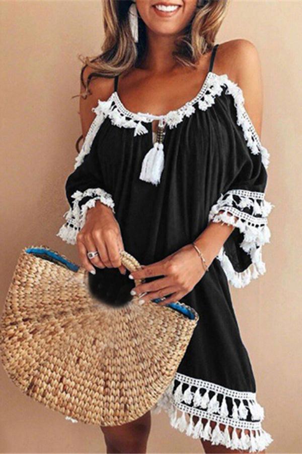 Halter Fringe Solid Off Shoulder Dress