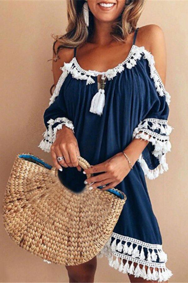 Halter Fringe Solid Off Shoulder Dress