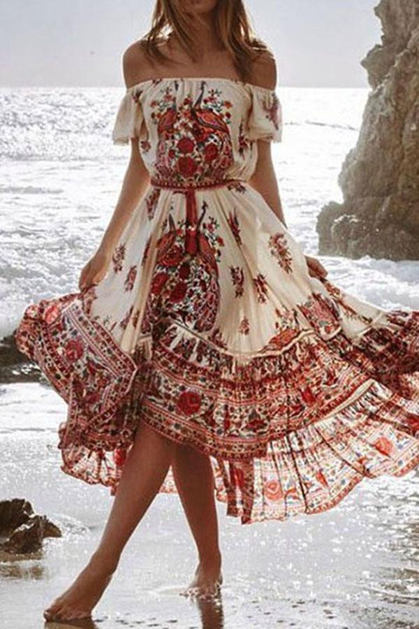 Off Shoulder Short Sleeve Floor-Length Patchwork Spring Dress