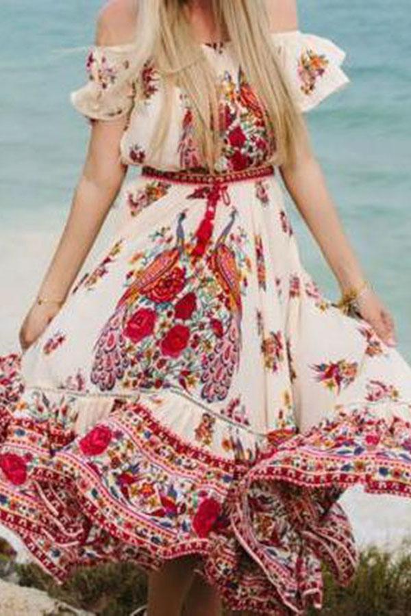 Off Shoulder Short Sleeve Floor-Length Patchwork Spring Dress