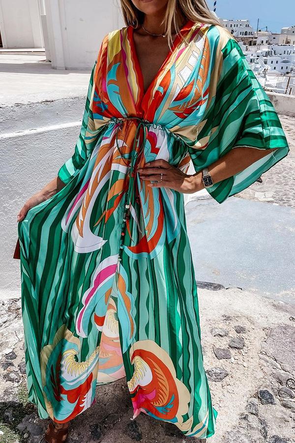 Green V-neck Printed Split Maxi Dress