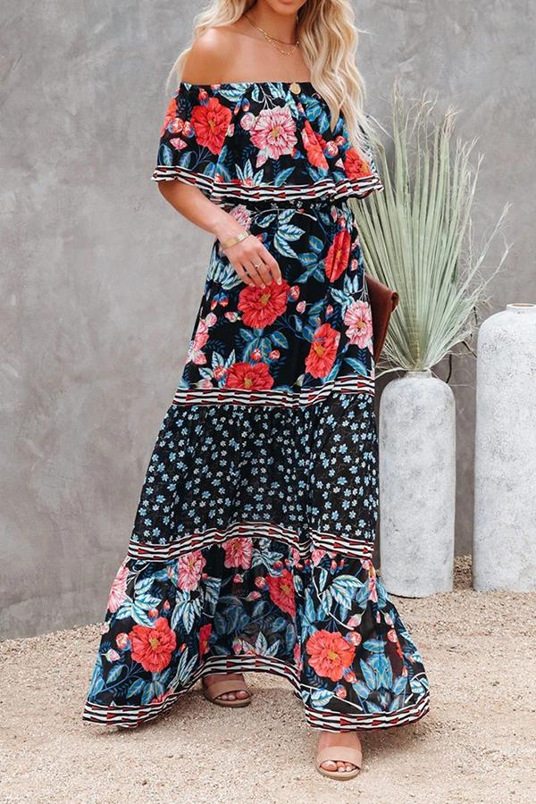 Off-the-shoulder Floral Print Maxi Dress