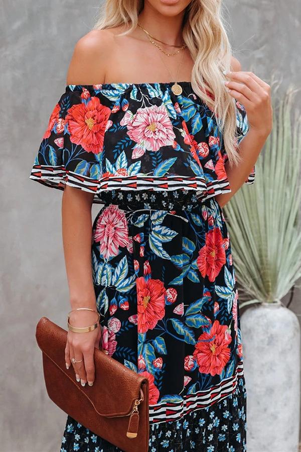 Off-the-shoulder Floral Print Maxi Dress