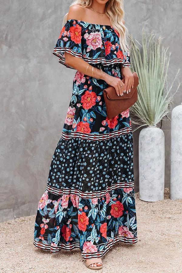 Off-the-shoulder Floral Print Maxi Dress