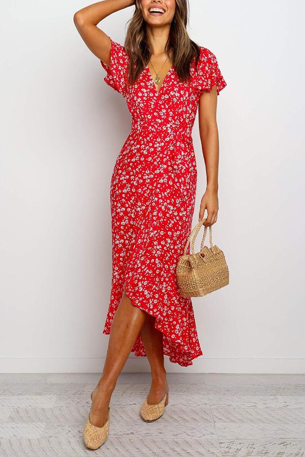 Red V-neck Floral Split Dress