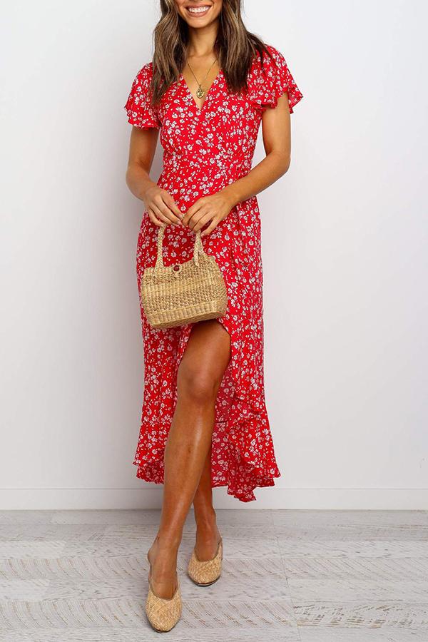 Red V-neck Floral Split Dress