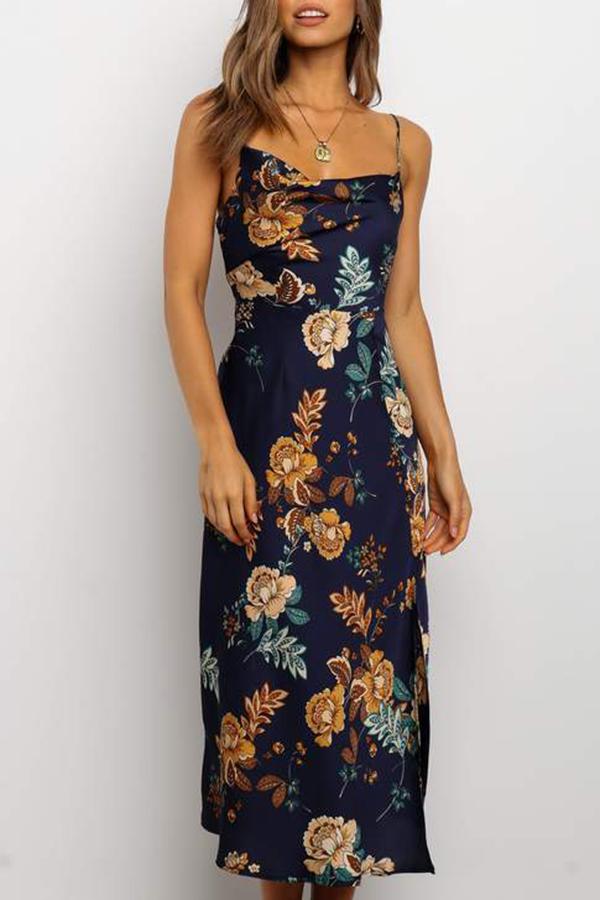 Retro Floral Print Sexy Sling Midi Dress